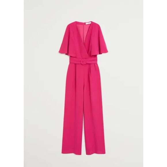 Fuchsia Pink MNG MANGO Wrap V-Neck Flutter Sleeve Belted Pants Jumpsuit (NWT) - Picture 8 of 10